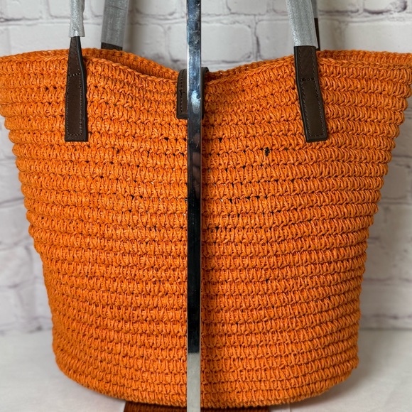KURT GEIGER Hampton Raffia and Leather Shoulder Tote Bag Orange Brass Eagle Head - Picture 6 of 16